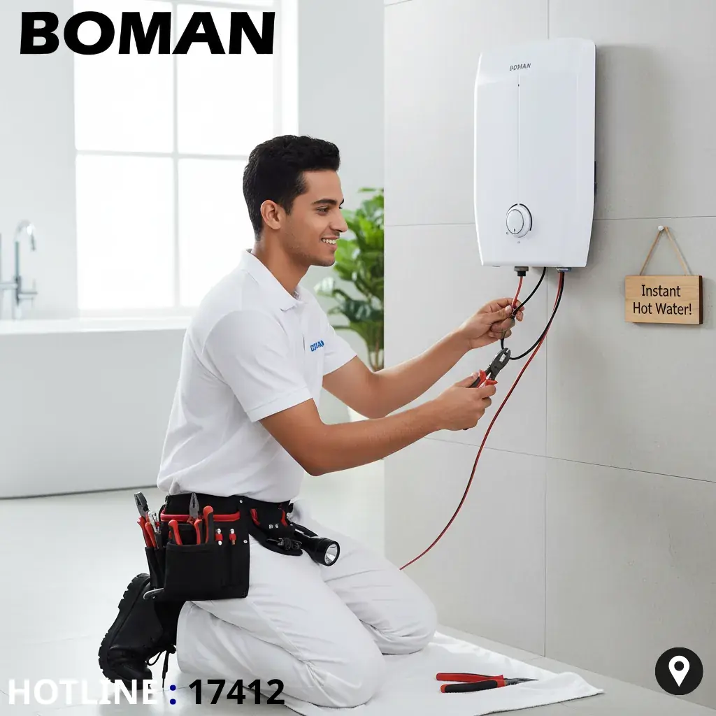 فني معتمد يقوم بفحص أسلاك سخان بومان للتأكد من الأمان